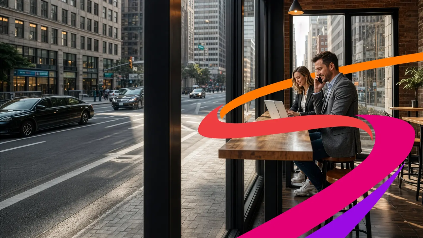 Mobile professionals working together in a city
