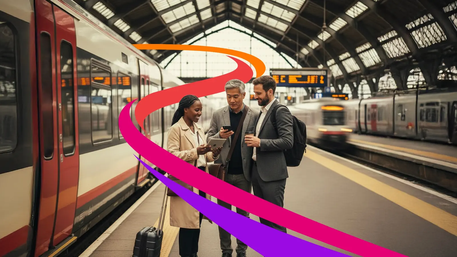 International business travellers using mobile devices at a railway station