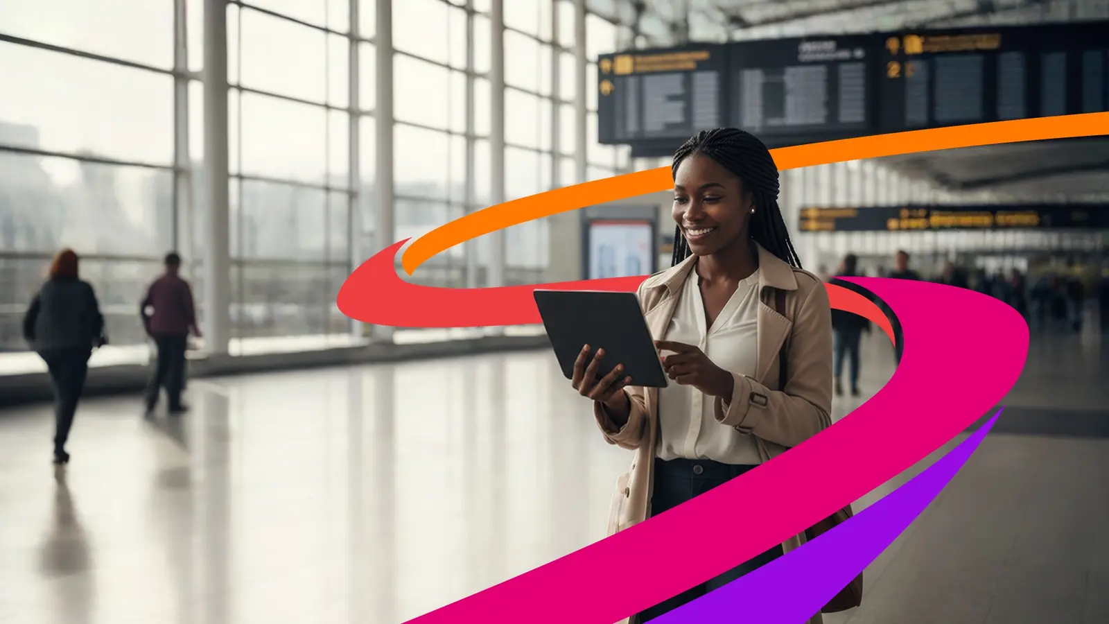 Business travellers reviewing information at a station